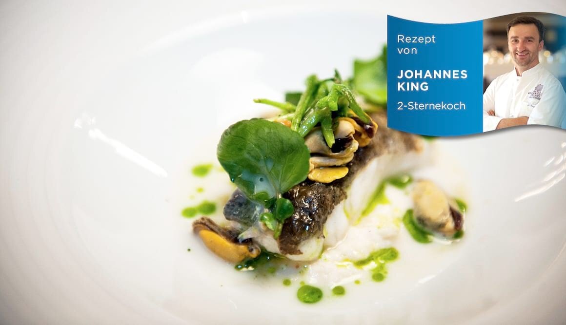 Skrei auf Brandade mit Muschelsud und Brunnenkresse