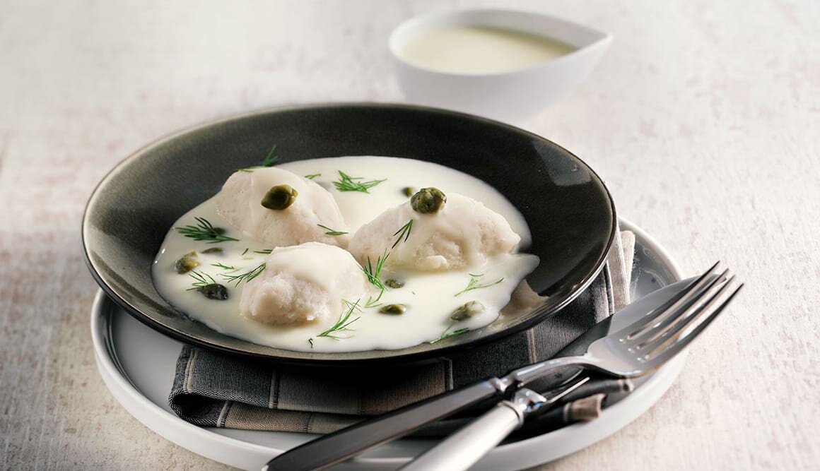 Lengnocken mit Kapern-Velouté