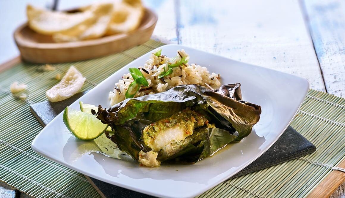 Steinbeißerfilet im Bananenblatt