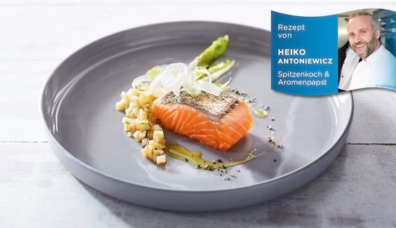 Gebratene Fjordforelle auf Apfel-Sellerie-Relish und glasiertem Romanasalat