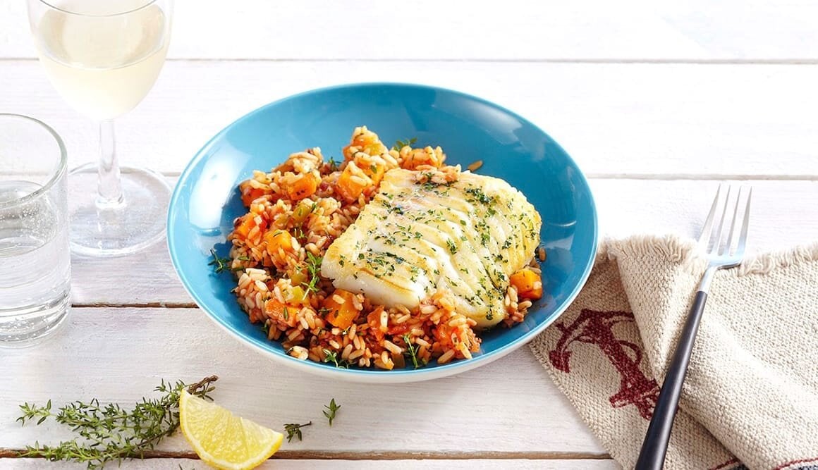 Filet vom Kabeljau auf Kürbis-Gemüse-Reis