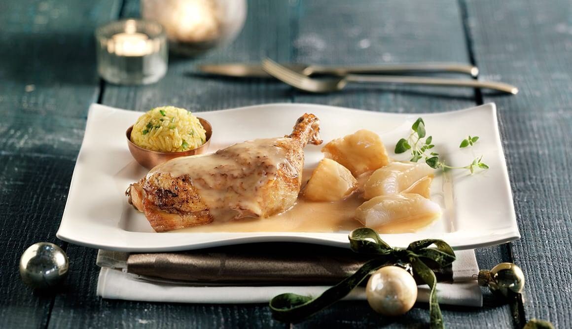 Coq au vin mit weißem Heilbutt