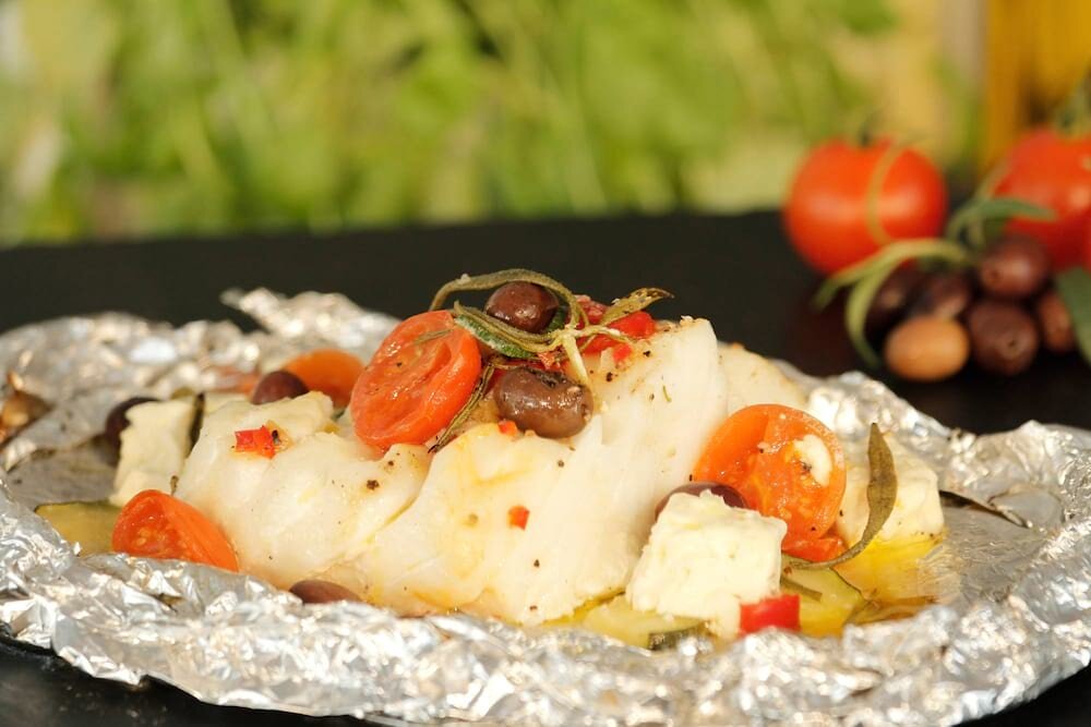 Rückenfilets vom Skrei auf griechische Art