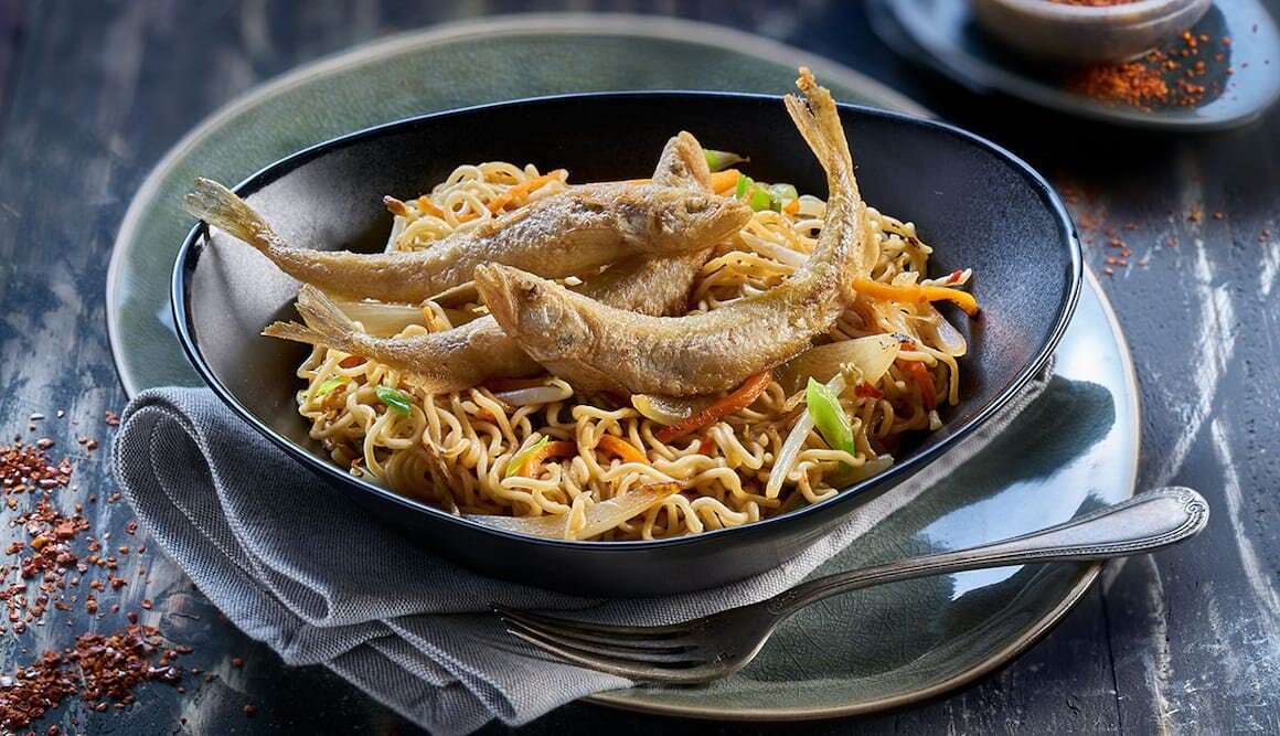 Gebratene Nudeln mit Loddefilet