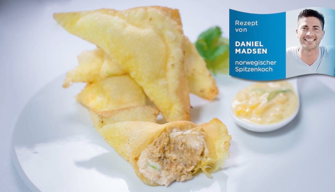 Wan Tan vom Taschenkrebs mit Mango-Sauce