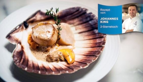 Norwegische Jakobsmuschel mit Karotten und Minze