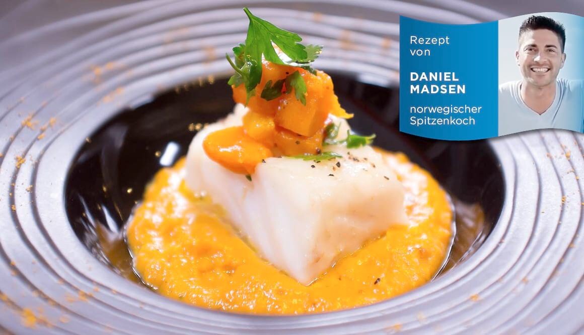 Skrei in Curry auf Püree vom Moschuskürbis