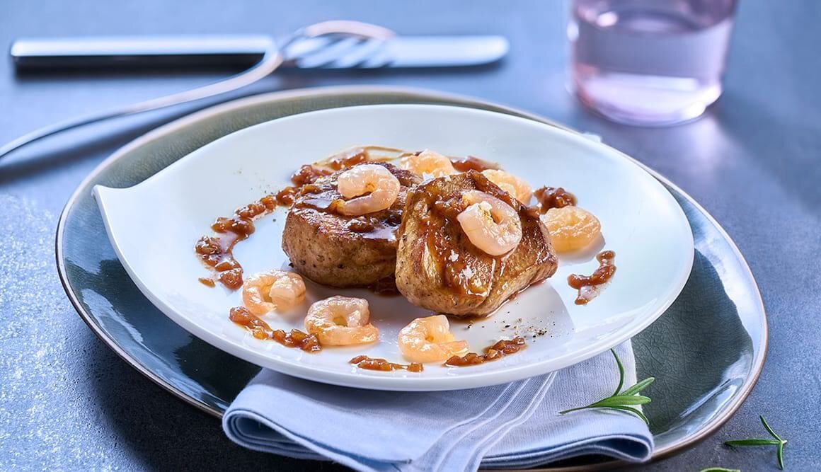 Surf & Turf von Eismeergarnelen und Kalbsfilet