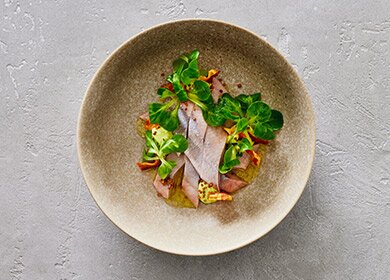 Norwegischer Hering mit Feldsalatcreme und Speck