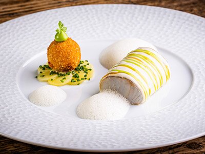 Seelachs "blau und gebacken" mit Kartoffelsalat von der La Ratte