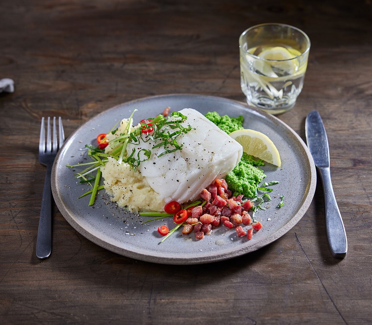 Skrei mit Speck und Erbsen a la Unstad