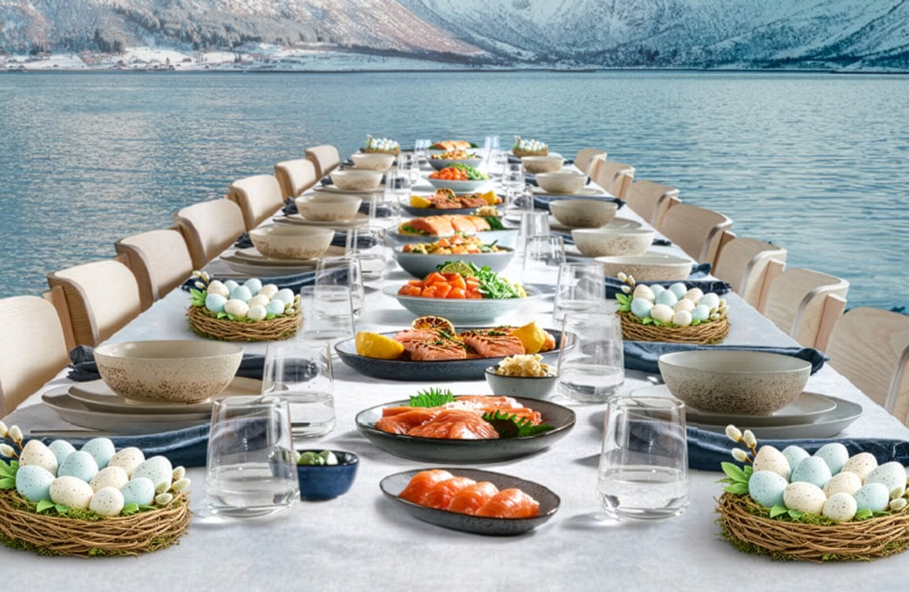 Tisch gedeckt zu Ostern mit norwegischem Lachs